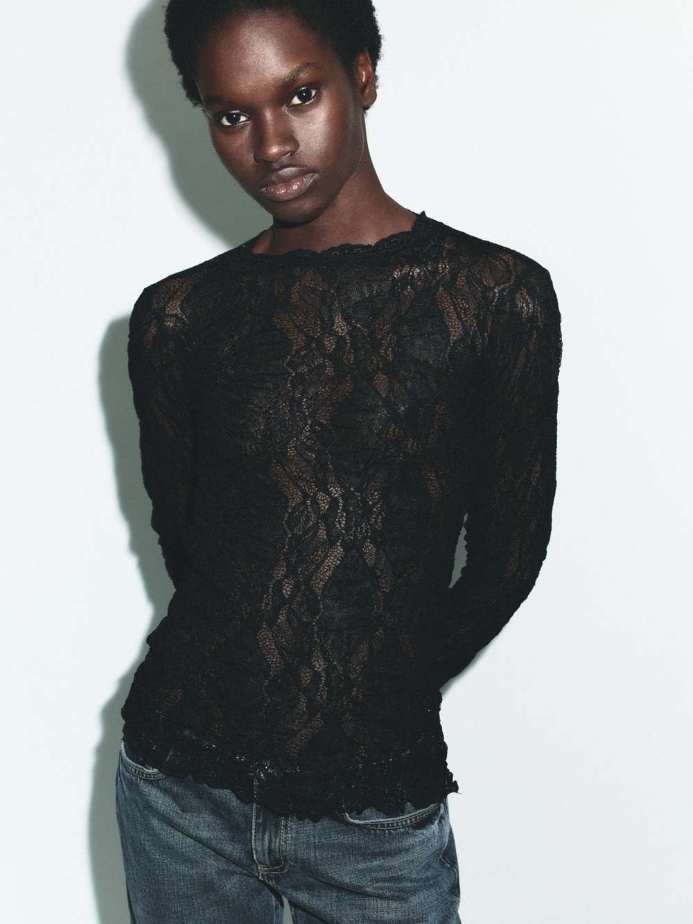 Zara Black Sheer Lace Long Sleeve Top